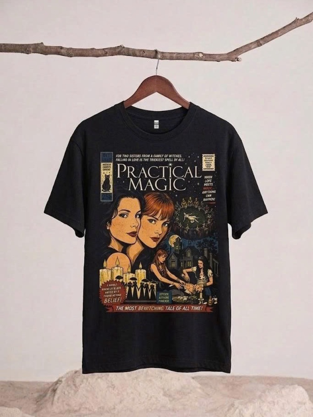 Practical Magic Graphic Tee Vintage Comic Book Cover Owens Sisters Black Shirt